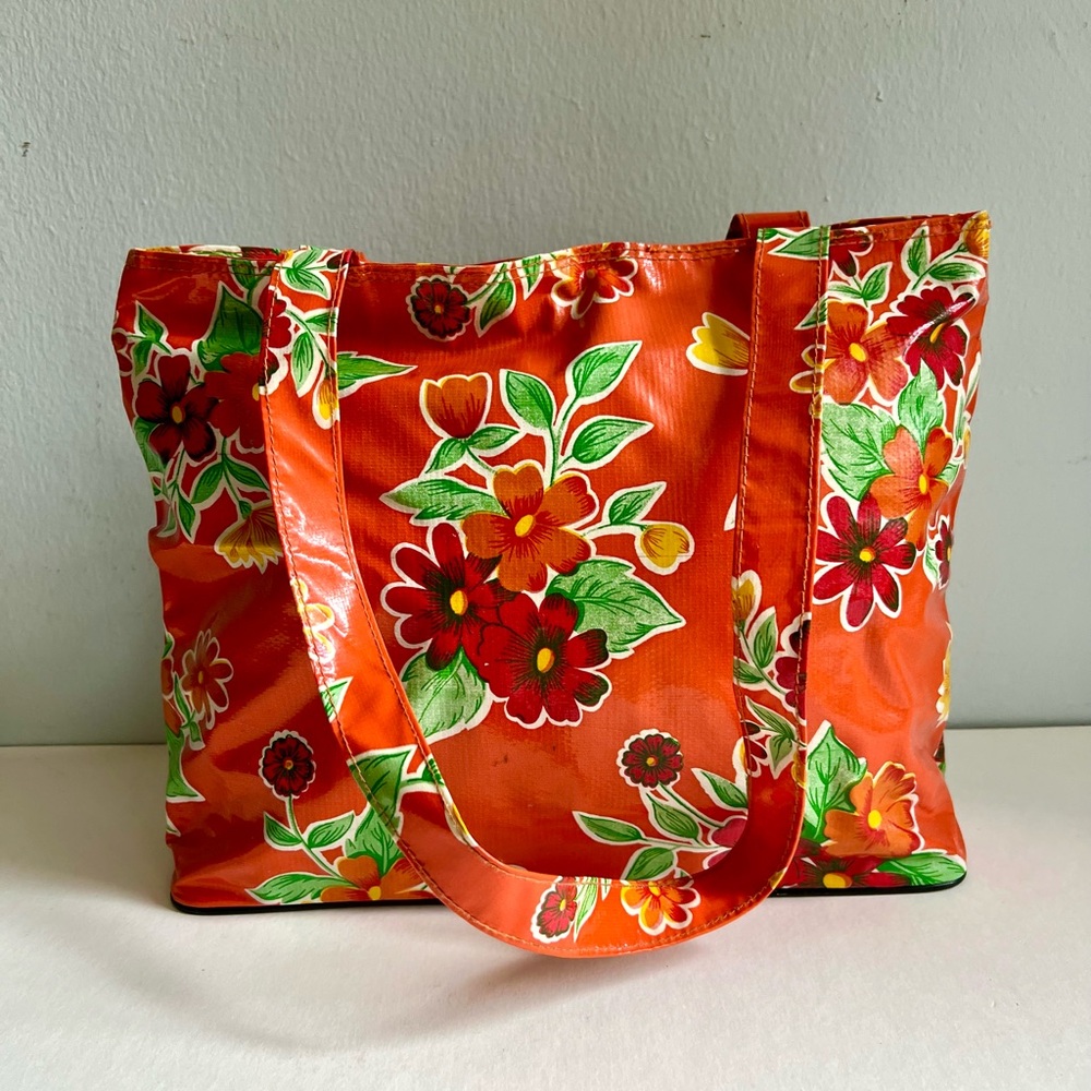 Floral Orange Vinyl Tote / Purse - perfect for rainy days!